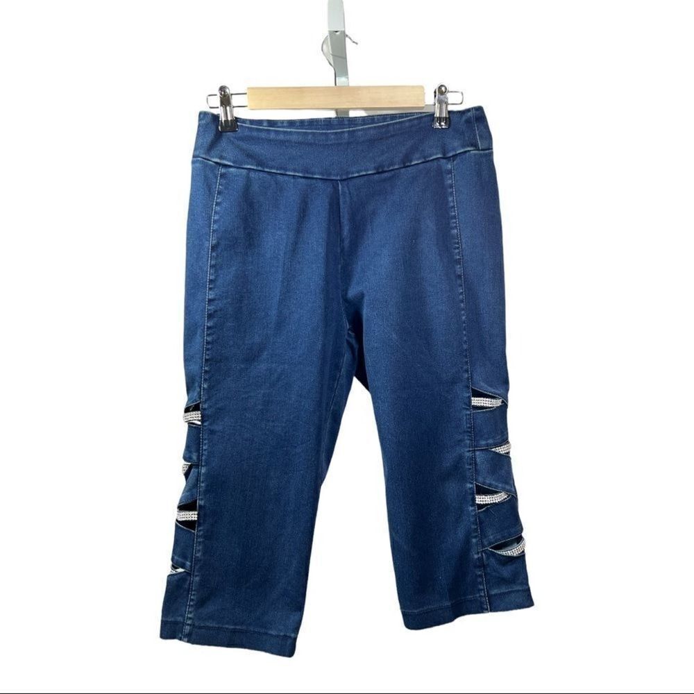 PETSCHE Women’s Crystal Embellished Leg Denim Capri Jeans Blue Size 8